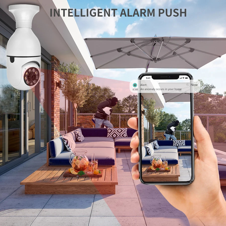 Câmera Lâmpada WiFi E27 - Câmera de Segurança com Visão Noturna e PTZ