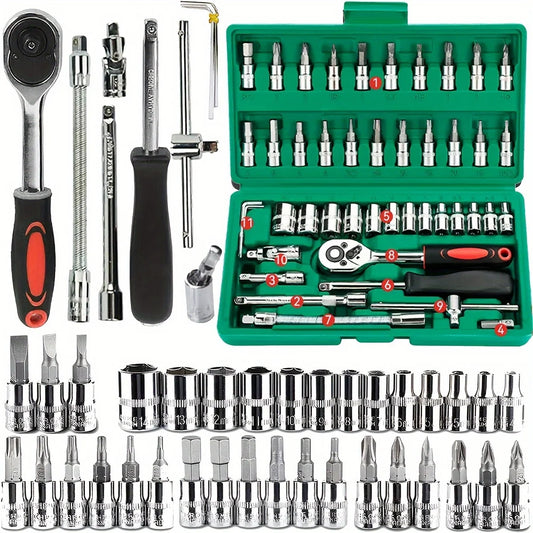 Kit Soquetes 46 Peças 1/4 - Chave Catraca e Bits Métricos para Mecânica