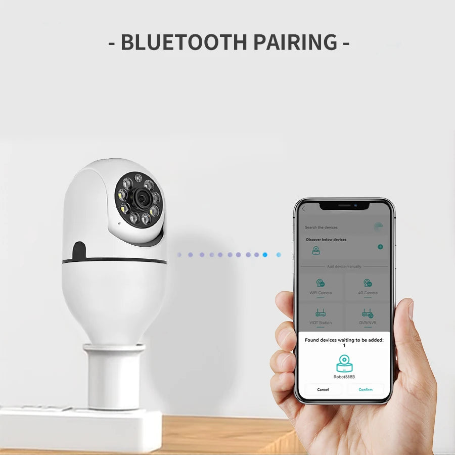 Câmera Lâmpada WiFi E27 - Câmera de Segurança com Visão Noturna e PTZ